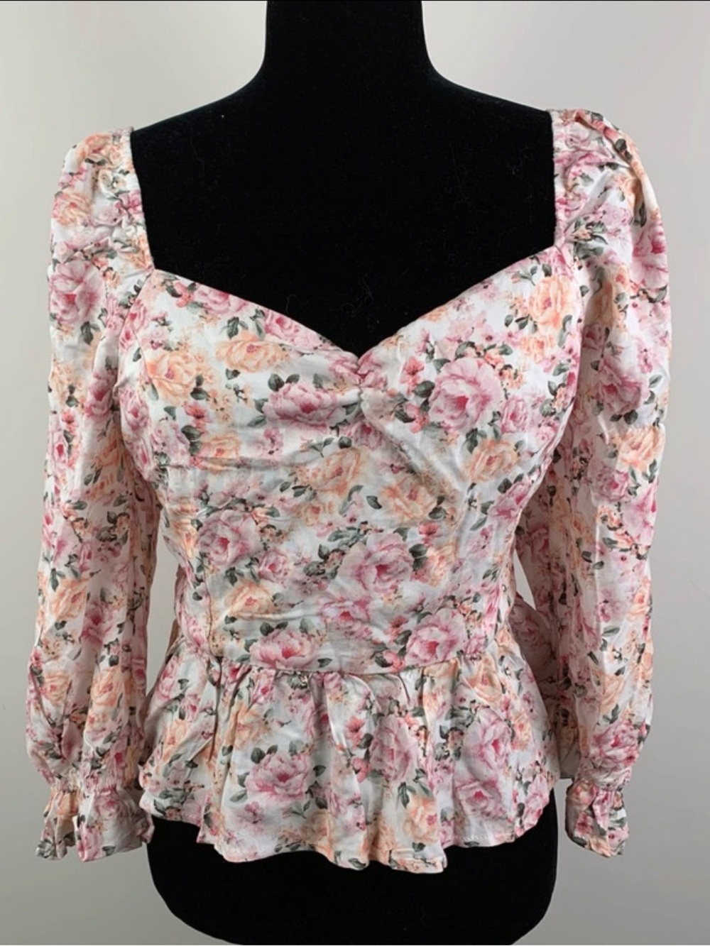 Women's Floral Peplum Long-Sleeve Top - Pink Floral